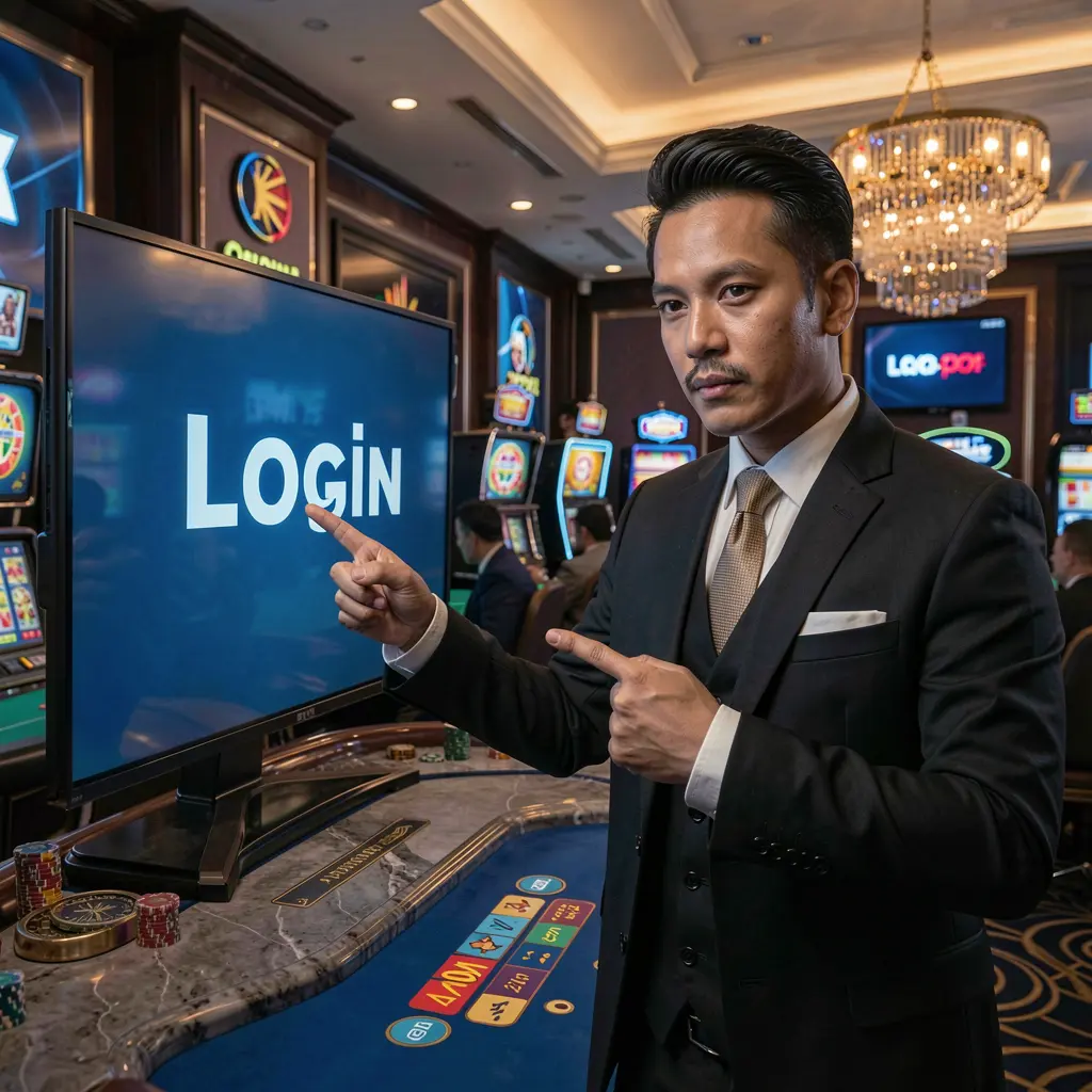 Professional casino host from Malaysia pointing at a glowing login screen in a modern gaming environment showcasing secure access to CUCI MAX